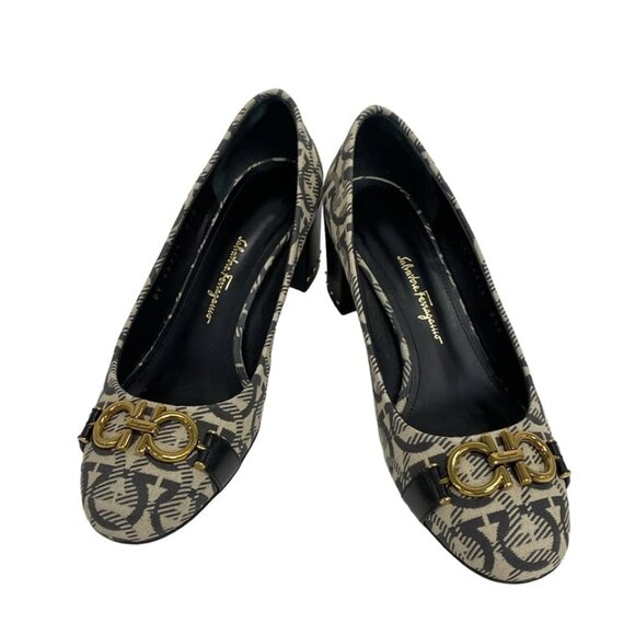 Salvatore Ferragamo -Cream Dark Gray Gold Women's Pumps  150-080925 - Picture 2 of 8